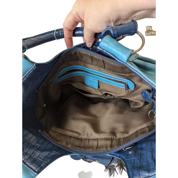 GG..ing Blue Flower with Feathers Crossbody Shoulder Bag Adjustable Faux Leather - Picture 7 of 16